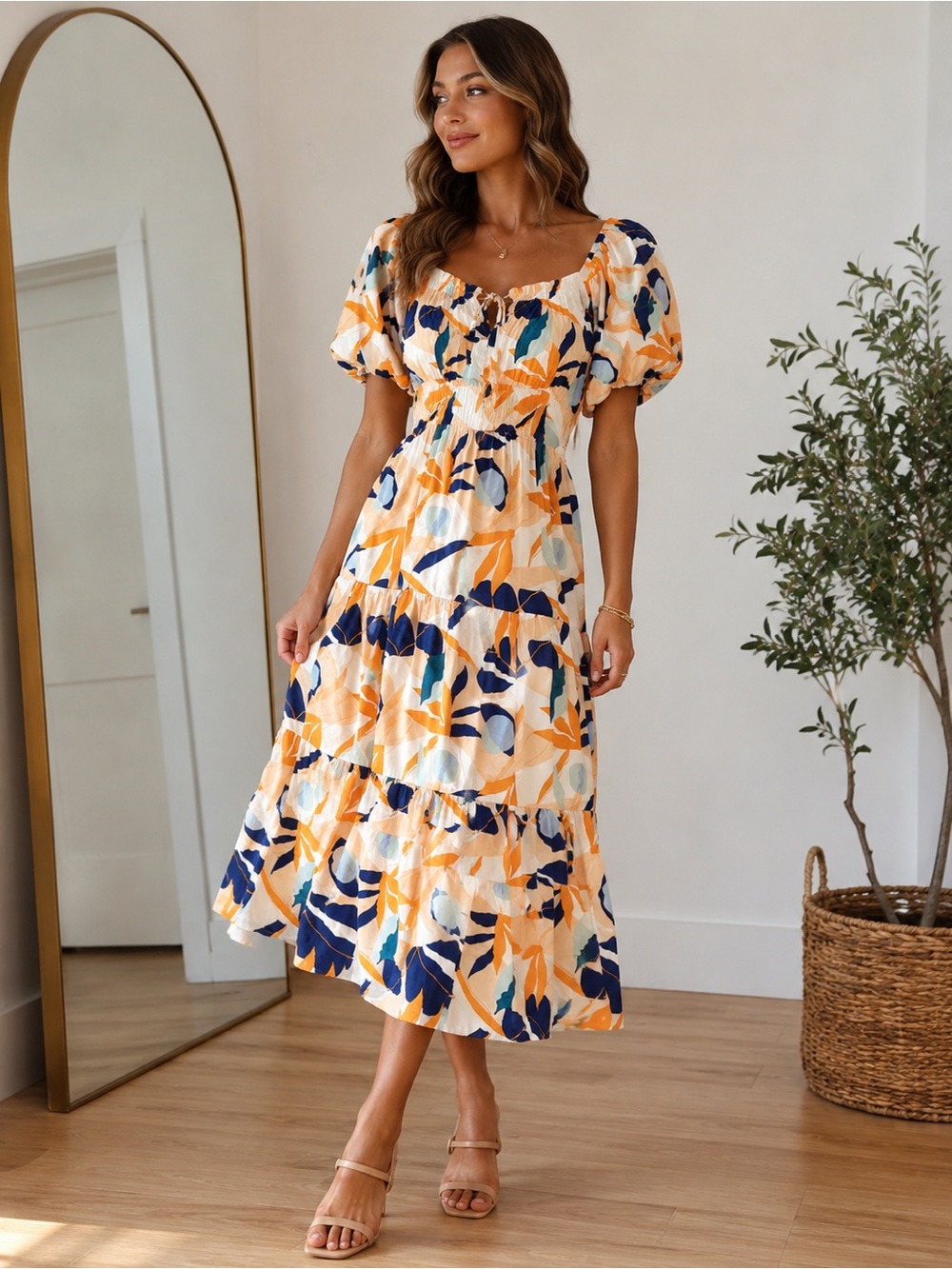 fab’rik XS Abstract Print Puff Sleeve Tiered Midi Dress Peach Blue Boho Casual
